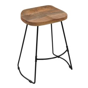 Tiva 24 Inch Handcrafted Backless Counter Height Stool, Brown Mango Wood Saddle Seat, Black Metal Base