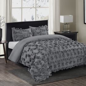 3 Piece Gray Burrterfly Flower Applique Collection Comforter Set (Color: Gray, size: Queen)