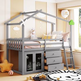 Twin Size House Bed With Cabinet and Drawers (Color: Gray)